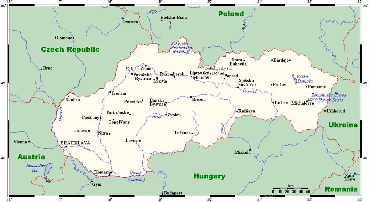 harta e Sllovakia me qytetet